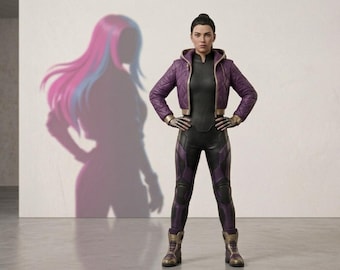 Puede incluir: Una figura de acción coleccionable de un personaje con cabello oscuro recogido, que viste una chaqueta acolchada morada con capucha, un body negro y pantalones negros con detalles morados. La figura lleva guantes y botas de color metálico.