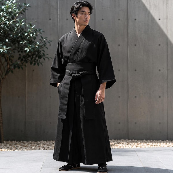 Men's Black Samurai Kimono Outfit with Obi Belt | Traditional Japanese Robe Costume