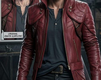 Puede incluir: Un hombre con una chaqueta de cuero roja, guantes negros y pantalones negros, sosteniendo un arma. La chaqueta tiene un diseño largo y un cuello alto. Una imagen enmarcada de un personaje con una chaqueta similar está en el fondo. El texto "ORIGINAL DANTE (CAPCOM)" es visible.