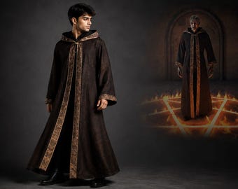 Puede incluir: Una túnica con capucha marrón oscuro con adornos dorados. La túnica tiene mangas largas y un diseño fluido. La imagen también muestra una figura similar en una habitación oscura con un pentagrama en el suelo.
