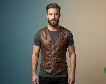 Puede incluir: Un chaleco de cuero marrón con cuello en V, múltiples hebillas frontales, un cinturón con hebilla en la cintura y dos bolsillos inferiores. El chaleco se lleva sobre una camiseta gris oscuro de manga corta. Un símbolo de reciclaje verde es visible.