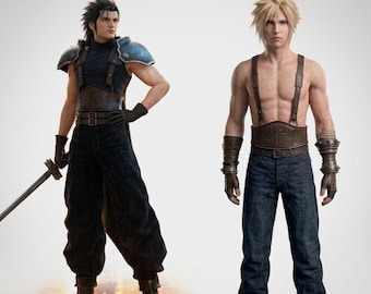 Puede incluir: Dos figuras de acción detalladas de personajes de Final Fantasy. La figura de la izquierda tiene cabello negro, una hombrera azul, cuello de tortuga oscuro y sostiene una espada. La figura de la derecha tiene cabello rubio puntiagudo, tirantes y un cinturón.