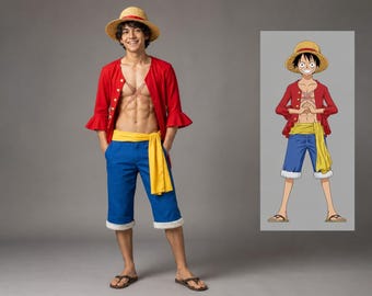 Puede incluir: Un disfraz que consiste en un sombrero de paja con una cinta roja, una camisa roja abierta con mangas tres cuartos, pantalones cortos azules hasta la rodilla con un dobladillo blanco deshilachado y una faja amarilla larga atada a la cintura.