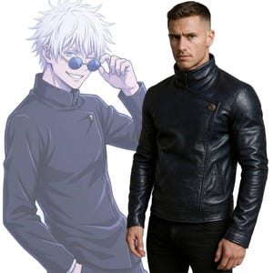 Gojo Satoru Inspired Black Leather Jacket – Anime Cosplay High Neck Biker Coat
