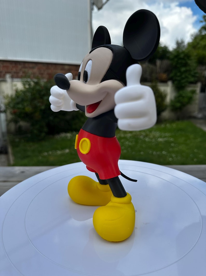 K&ouml;nnte beinhalten: Eine Mickey Mouse-Figur mit erhobenem Daumen. Die Figur hat einen schwarzen Kopf mit gro&szlig;en Ohren, ein beiges Gesicht und wei&szlig;e Handschuhe. Sie tr&auml;gt ein schwarzes Oberteil, rote Shorts und gelbe Schuhe. Die Figur steht auf einer wei&szlig;en Oberfl&auml;che.
