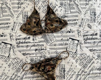 Vintage Bikini Set S USA Made Triangle Top High Cut 90s Print