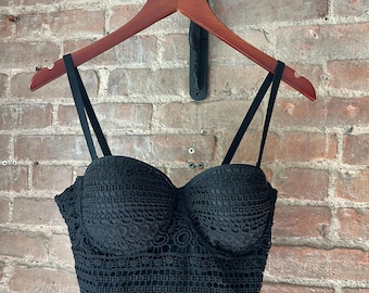Top tipo corsé bustier de encaje negro con tirantes, estilo vintage Y2K, talla S