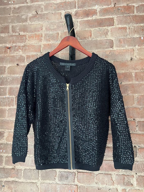 Marc Jacobs, Marc Jacobs Sequin Wool Cardigan | Black Zip Knit Sweater | Size Small