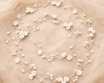 Guirnalda floral y de perlas hecha a mano, accesorio para el cabello de novia, tocado de boda bohemio, elegante corona floral, adorno para el cabello de boda, guirnalda floral