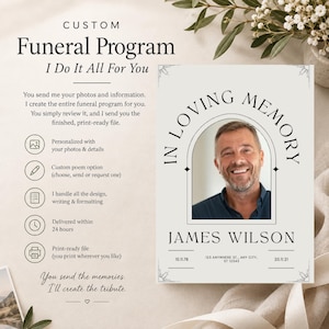 May include: A custom funeral program template featuring the text "In Loving Memory" and "James Wilson" with a central arched photo frame. The design includes placeholders for birth and death dates, address details, and decorative corner accents.