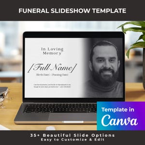 Może przedstawiać: Ekran laptopa wyświetla szablon pokazu slajdów pogrzebowych z tekstem In Loving Memory, Full Name, datami urodzin i śmierci oraz wersetem biblijnym. Ekran pokazuje czarno-biały portret osoby z brodą. Widoczne jest niebiesko-fioletowe logo Canva.