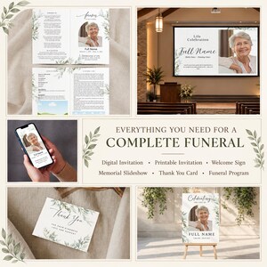 Op de afbeelding: Een uitvaart-stationeryset met een botanisch bladerontwerp, inclusief een gevouwen programma, een digitale uitnodiging op een smartphone, een herdenkingsdiashow, een welkomstbord op een ezel en een bedankkaart met de tekst "Thank You".
