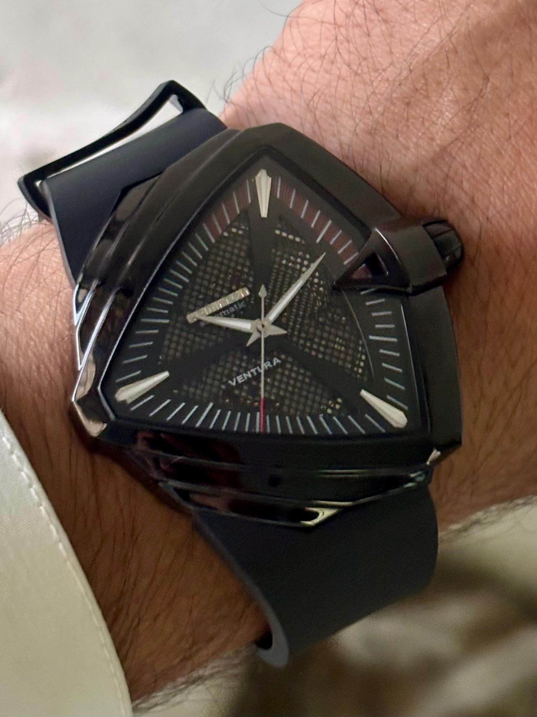 Hamilton Ventura Automatic Watch: Black Triangular Case, Skeleton Dial ...