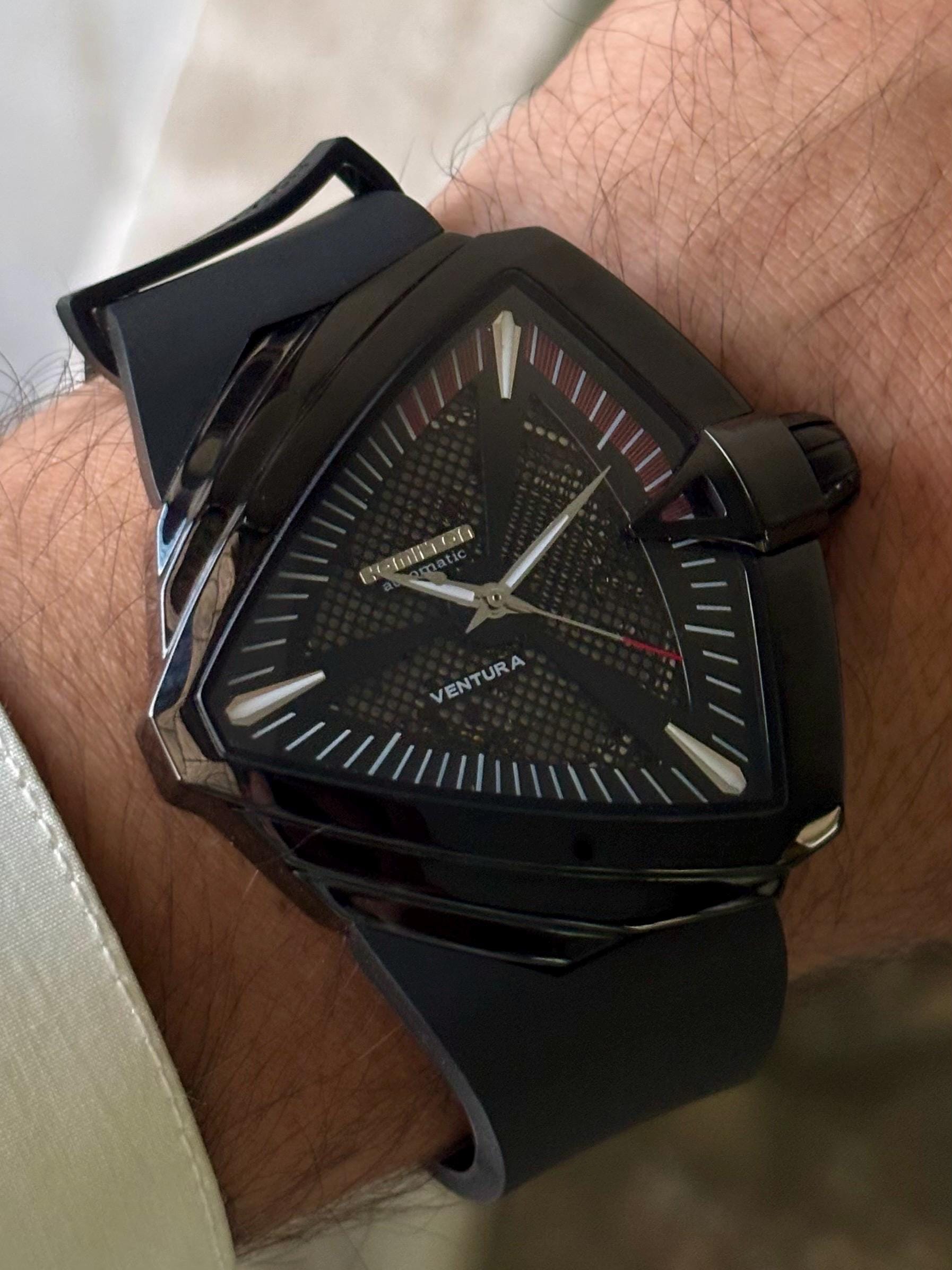 Hamilton Ventura Automatic Watch: Black Triangular Case, Skeleton Dial ...