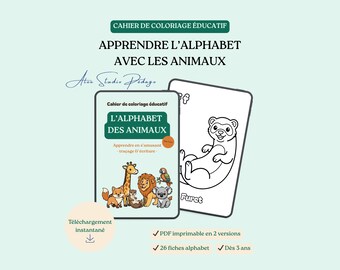 Educational Coloring Book - The Animal Alphabet - Learn to Write - Tracing & Writing - Printable PDF - Ages 3+