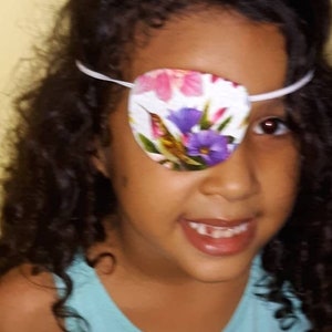 Child&#39;s handmade eye patch &quot;HUMMINGBIRDS&quot;/ eye care/ vision aid/ pink eye aid/ garden theme/ ocular aid/ one size fits all