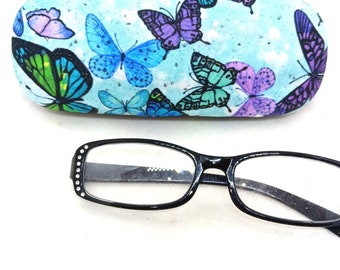 Adult unisex handmade hard eyeglass case "GLITTERING BUTTERFLIES"/ eye-popping design/ health & beauty accessory/ bag or purse item