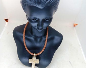 Hand-Carved Radiolaria Cross Pendant, Braided Faux Leather Necklace proSEOhq