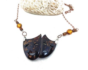 Hand-carved unisex from coconut opera face pendant necklace, "GREEK DRAMA"/ Theatrical smile and sadness symbol/ONLY 1 proSEOhq