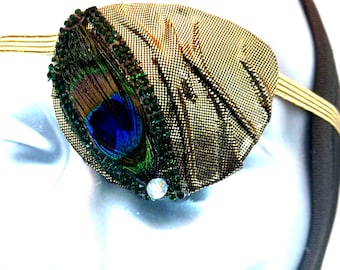 Handmade Metallic Gold Eye Patch with Peacock Feather, Rhinestone Accent Accessory proSEOhq