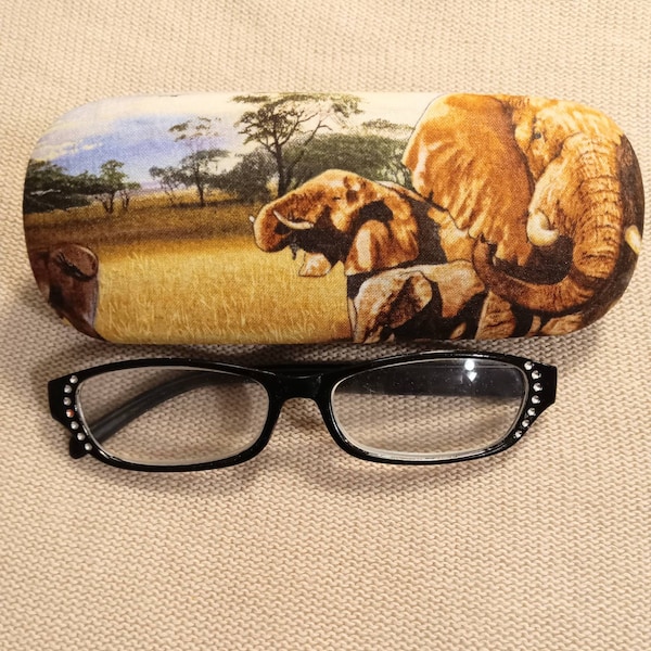 Unisex handmade larger eyeglass case/"Elephants of the Serengeti"/ vision accessory/ hard case/ accessory case/ vision health/ artsy