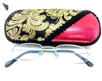 Handmade Eyeglass Case, "CHAMPS-ELYSEES Red & Gold French Provencal Floral Hard Case. ONLY 1 proSEOhq
