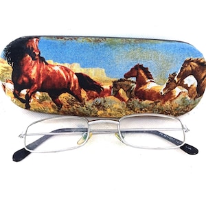 Puede incluir: Una funda para gafas azul y marrón con un diseño de caballos corriendo. La funda está cerrada y un par de gafas con montura plateada están delante.