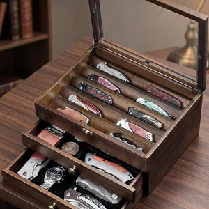 Walnut Knife Display Case: 3-Tier Wooden Organizer with Locking Drawer