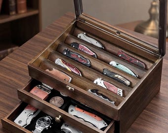 Walnut Knife Display Case: 3-Tier Wooden Organizer with Locking Drawer