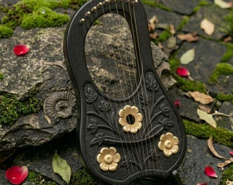 Handmade 10-String Lyre Harp, Black Floral Rosewood Instrument, Gift for Her