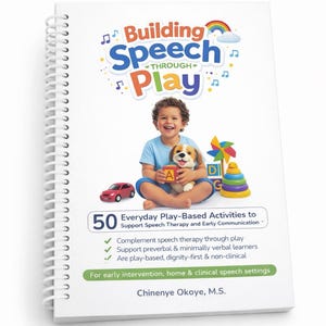 May include: A spiral-bound book titled "Building Speech Through Play" featuring a child with a puppy and toys. The cover includes text: "50 Everyday Play-Based Activities to Support Speech Therapy and Early Communication."