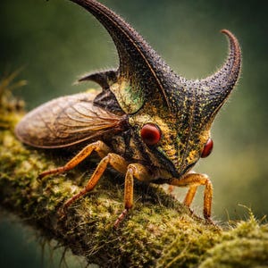 May include: A close-up of a unique insect with large, curved horns and red eyes. The insect is perched on a mossy branch, showcasing its intricate patterns of yellow, brown, and green. Its wings are a translucent tan color.