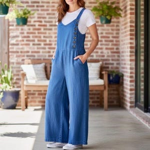 Anthropologie Elevenses Denim Overalls Women 2 Tall Blue Halter Linen Wide Leg Bild 1