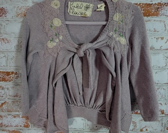 Anthropologie Field Flower Cardigan Sweater Womens XS Purple Embroidered Wool