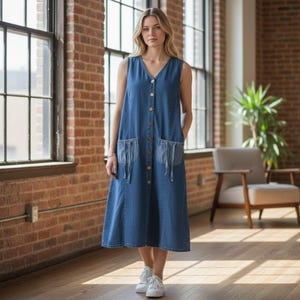 denim jumper dress womens On Repeat big front pocket Women's Pieced Denim Jumper Dress