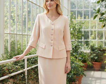 Maggy London Skirt Suit Women 20 Peach Embroidered Button Vintage 2pc Set