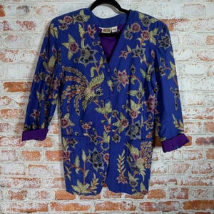 Java Wraps Blazer Women Small Blue Vtg Excellent Batik Floral Bird Cotton Jacket