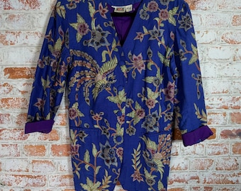 Java Wraps Blazer Women Small Blue Vtg Excellent Batik Floral Bird Cotton Jacket