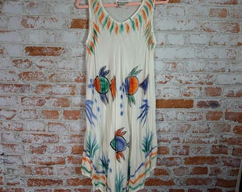 Jessica Taylor Fish Dress Women One Size Cream Hand Painted Embroidered Boho