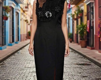 Spiegel Ruffle Floral Sheath Dress Womens 14 Black Silk Blend Formal Cocktail