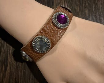Yik Fung Brown Leather Snap Bracelet w/ Multicolor Crystal Chunks Boho