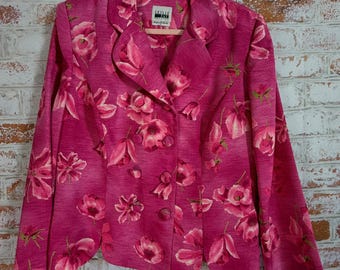 Leslie Fay Floral Blazer Women 12 Pink Vintage Style Button Front Jacket