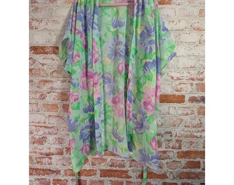 Bata de lencería Val Mode para mujer, color verde medio, estampado floral, estilo kimono vintage, transparente.