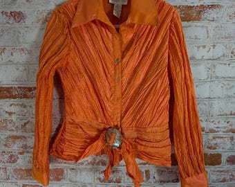 Jackie Jon Orange Crinkle Blouse Women's Y2K Buckle Tie Front Top