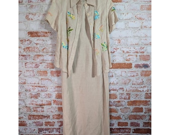 Conjunto de vestido largo vintage Sarah Spencer para mujer, talla 6, lino beige, bordado de peces, camisa de 2 piezas