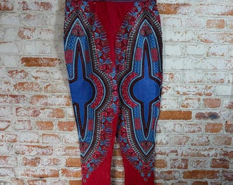 Handmade Dashiki Print Pants Womens 34 Red Blue Excellent African Tapered