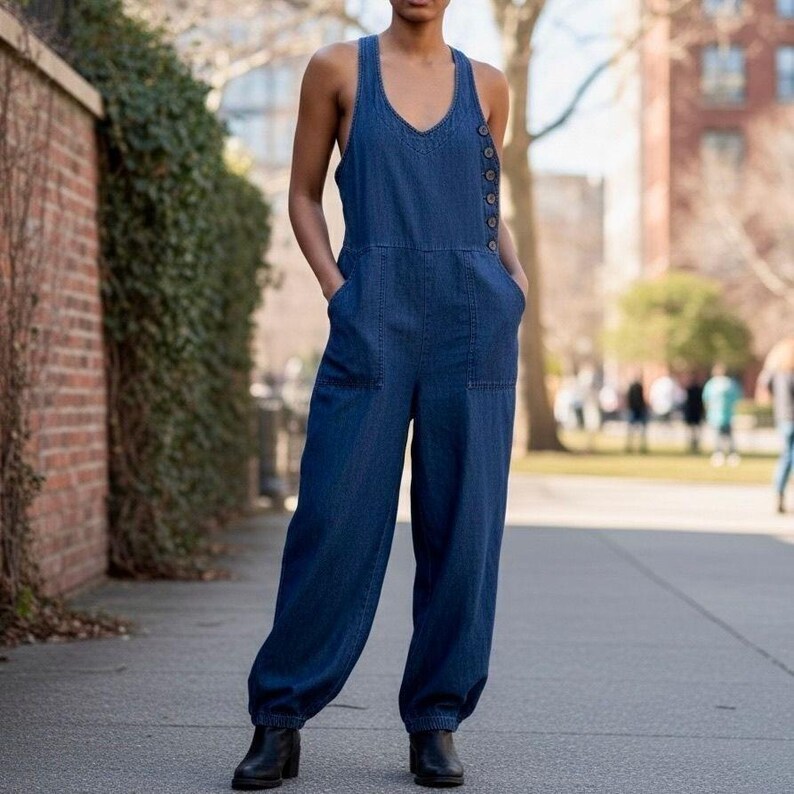 Anthropologie Elevenses Denim Overalls Women 2 Tall Blue Halter Linen Wide Leg Bild 2