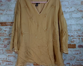 Anne Carson Silk Embroidered Blouse Womens 2X Gold Vintage Sequin Tunic Top