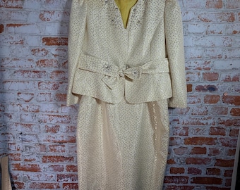 Verucci Skirt Suit Women 18W Yellow Excellent Vintage Metallic Rhinestone Bow