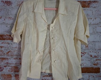 Peter Martin Linen Shirt Women 12 Cream Frog Knot Button Vintage Short Sleeve